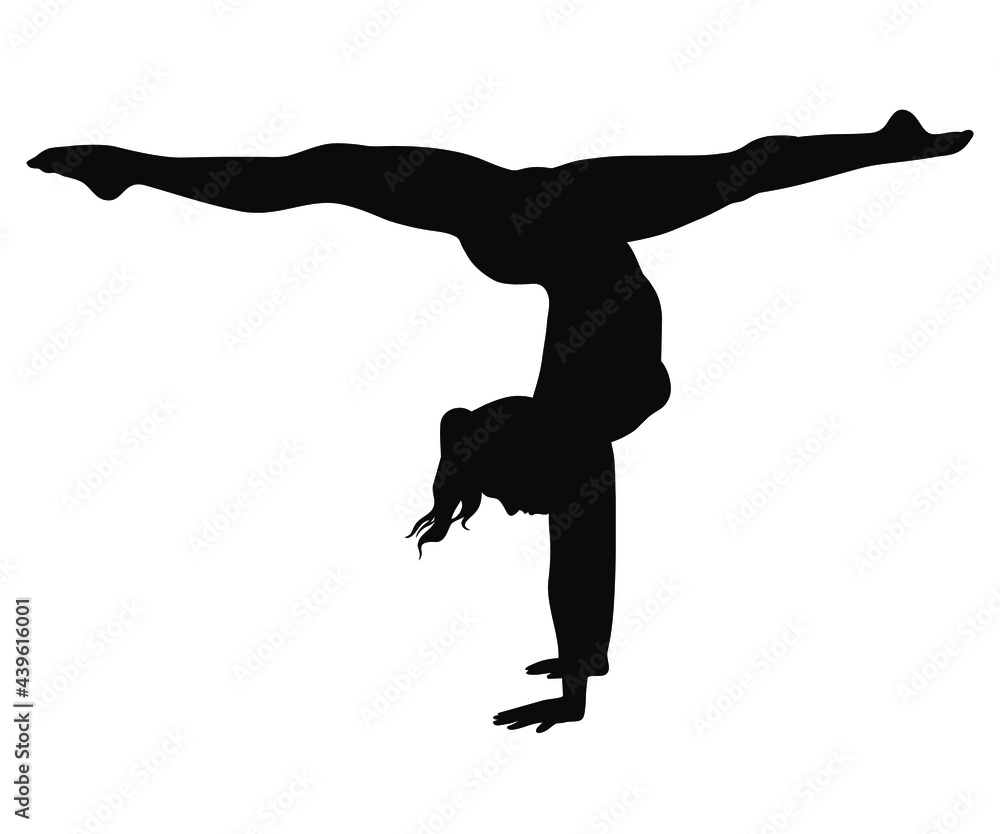 Silhouette of slim girl doing acrobatic hand stand and twine. Shape of woman doing gymnastic stretching exercises. Yoga and acrobatic icon. Silhouette of slim girl doing acrobatic hand stand and twine. Shape of woman doing gymnastic stretching exercises. Yoga and acrobatic icon.