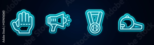 Set line Baseball glove, Megaphone, Medal with baseball and cap. Glowing neon icon. Vector
