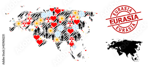 Rubber Eurasia stamp seal, and lovely men Covid-2019 treatment mosaic map of Europe and Asia. Red round stamp seal has Eurasia title inside circle. Map of Europe and Asia mosaic is done from cold,