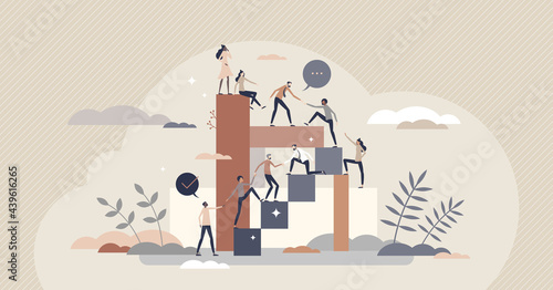 Helping to reach goal as teamwork power with partners tiny person concept. Common target collaboration with business partnership strategy vector illustration. Support, motivation and giving hand scene