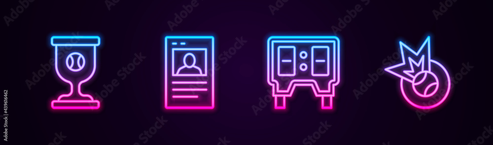 Set line Award cup with baseball ball, Baseball card, mechanical scoreboard and . Glowing neon icon. Vector Set line Award cup with baseball ball, Baseball card, mechanical scoreboard and . Glowing neon icon. Vector