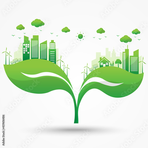 ecology city with environmentally friendly on leaf. world environment day and sustainable development. green city save the world. vector illustration in flat style modern design.