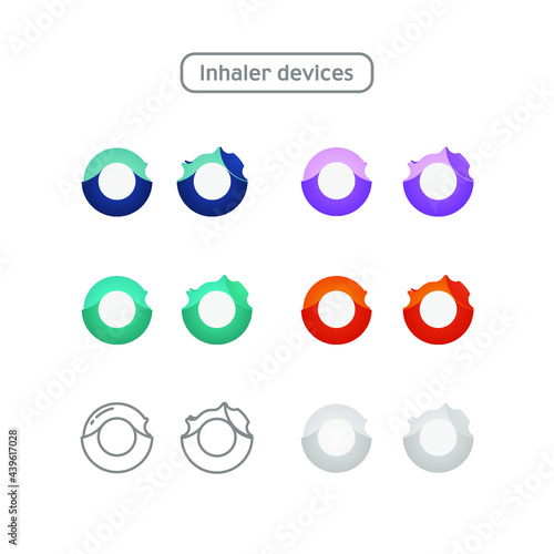 Set of Inhaler Devices Icon in Color and in Line Isolated on White Background. Breather for Cough Relief, Inhalation, Allergic Patient.