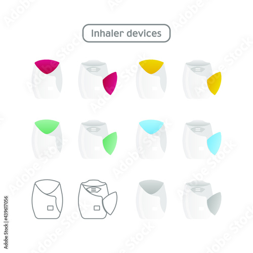 Set of Inhaler Devices Icon in Color and in Line Isolated on White Background. Breather for Cough Relief, Inhalation, Allergic Patient.