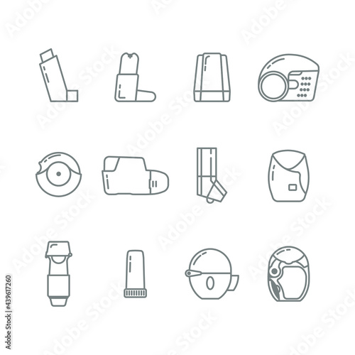Set of Inhaler icon in line isolated on white background. Breather for cough relief, inhalation, allergic patient.