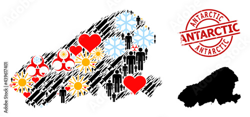 Textured Antarctic stamp, and heart population vaccine mosaic map of Kahoolawe Island. Red round stamp has Antarctic title inside circle. Map of Kahoolawe Island mosaic is made from winter, spring,