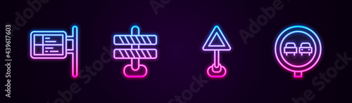 Set line ublic transport board, Road barrier, Triangle warning blank and No overtaking road traffic. Glowing neon icon. Vector