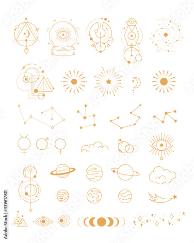 Big set of magic and astrological symbols. Mystical signs, silhouettes, zodiac, tarot cards. Vector illustration