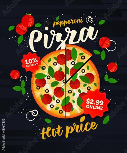 Modern Flat Vector Illustration Pepperoni Pizza Ads with Delicious Ingredients on a Dark Background. Poster Concept. Web Offer Banner. 