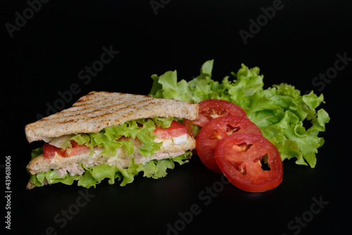 Tuna Sandwich with Vegetables on black background.  Suitable for breakfast.