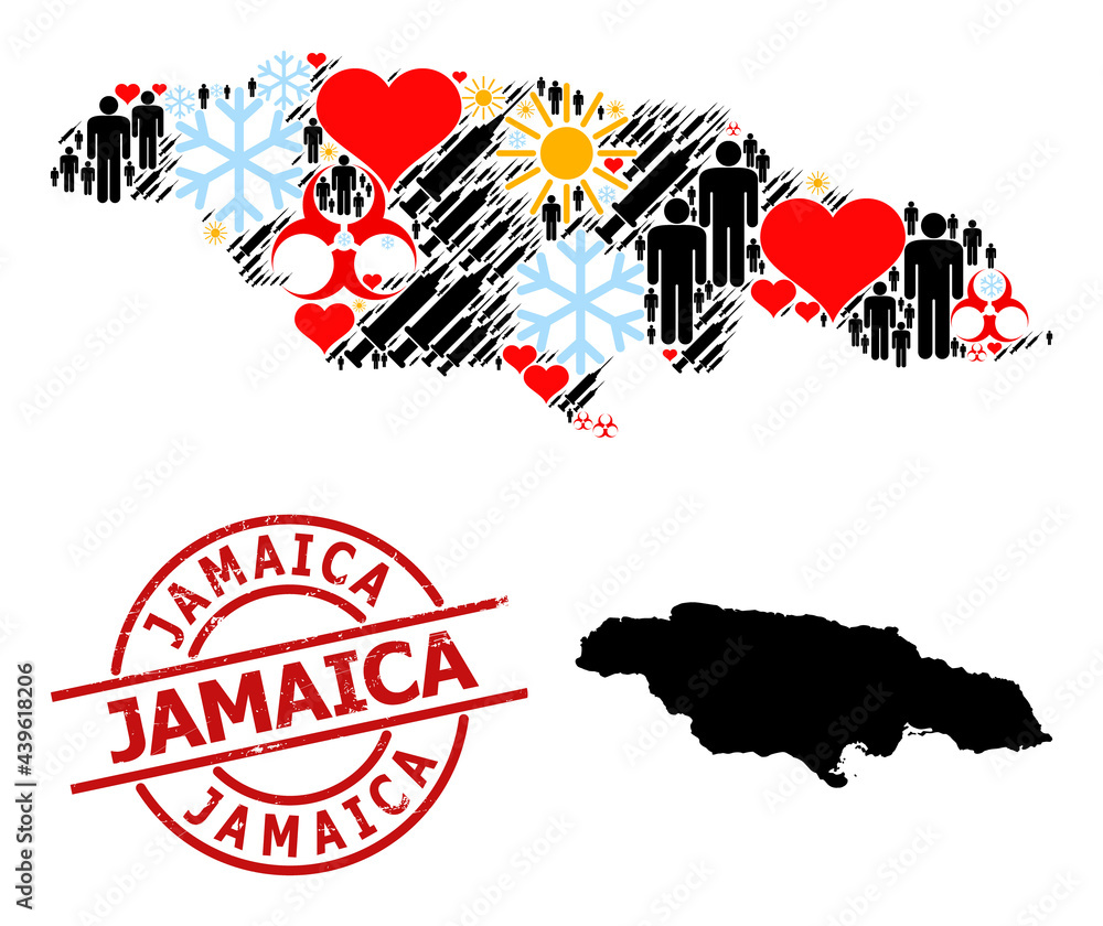 Rubber Jamaica stamp, and heart men inoculation mosaic map of Jamaica. Red round stamp has Jamaica title inside circle. Map of Jamaica mosaic is done from snow, sunny, healthcare, people, inoculation,