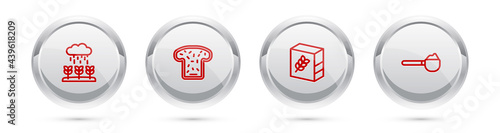 Set line Plant sprouts grow in the rain, Bread toast, Flour pack and Measuring cup with flour. Silver circle button. Vector