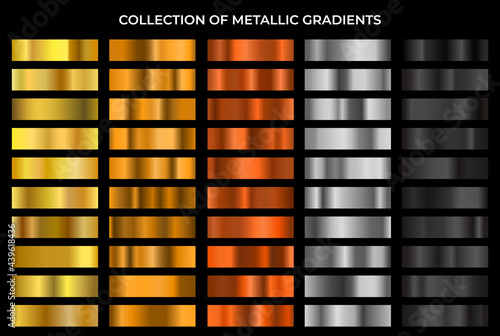 Big metal gradients pack. Gold, bronze, silver and black texture gradation background set. Vector metallic gradients. Elegant, shiny and bright gradient collection for design.