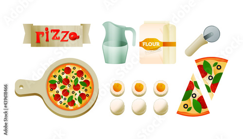 Pizza Set. Modern Flat Vector Concept Illustrations. Pizza on a Cutting Board, Pizza slices, Flour Package, Roller, Flour, Eggs, Jug of Water.