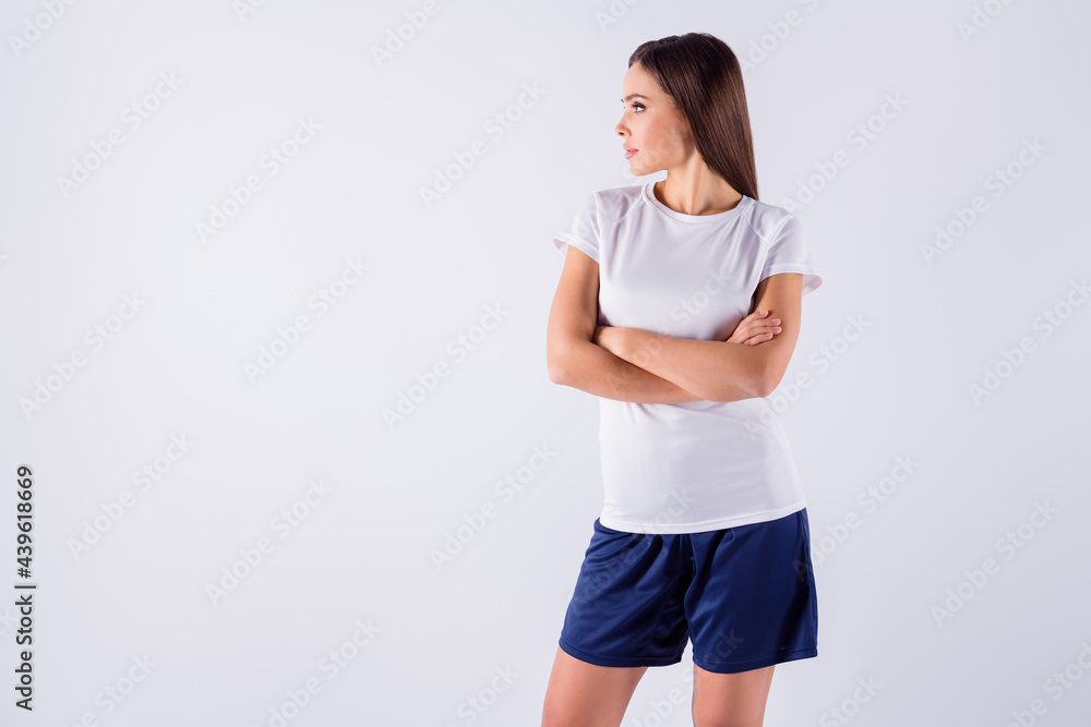 Portrait of her she nice attractive lovely pretty content straight-haired girl coach looking aside idea advert copy space career folded arms isolated on light white gray pastel color background Portrait of her she nice attractive lovely pretty content straight-haired girl coach looking aside idea advert copy space career folded arms isolated on light white gray pastel color background