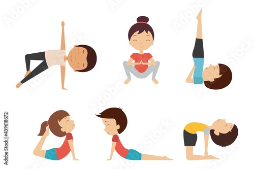 Yoga for kids. Smiling children in different poses and asanas is