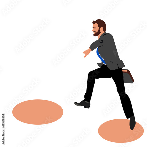 Business man wearing suits ,carrying briefcase is jump from point to point on white background.Smart worker with bread jumping to show his success. Vector isolate flat design concept for Challenges.