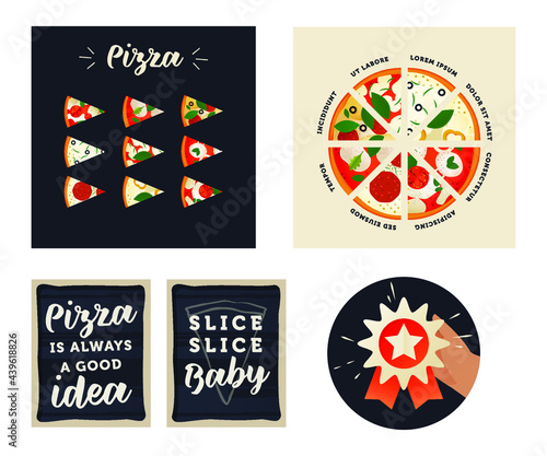 Pizza Set. Modern Flat Vector Concept Illustrations. Pizza Kinds Poster, Template Menu, Various Funny Quotes in a Frames, Badge with Quality Mark.