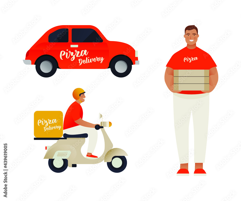 Modern Flat Vector Concept Illustrations. Pizza Delivery Concept. Delivery Guy, Transportation by Car and Scooter.