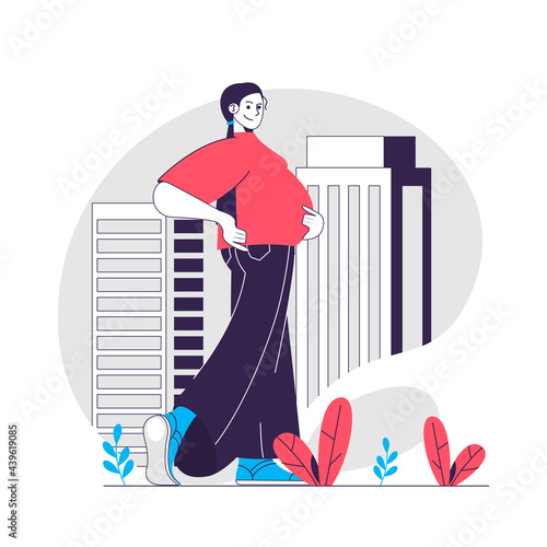 Pregnancy web concept. Smiling pregnant woman walking along city street. Young family people scene. Flat characters design for website. Vector illustration for social media promotional materials