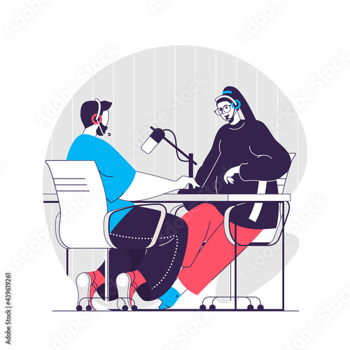 Podcast web concept. Radio presenter interviewing guest, audio recording. Live broadcasting people scene. Flat characters design for website. Vector illustration for social media promotional materials