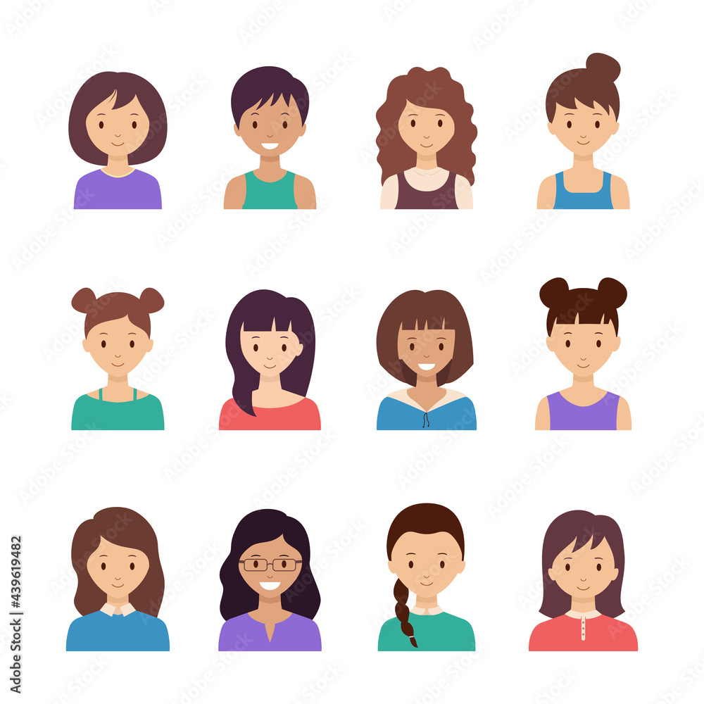 Collection girl faces. Smiling women avatar set. Joyful female character collection Collection girl faces. Smiling women avatar set. Joyful female character collection