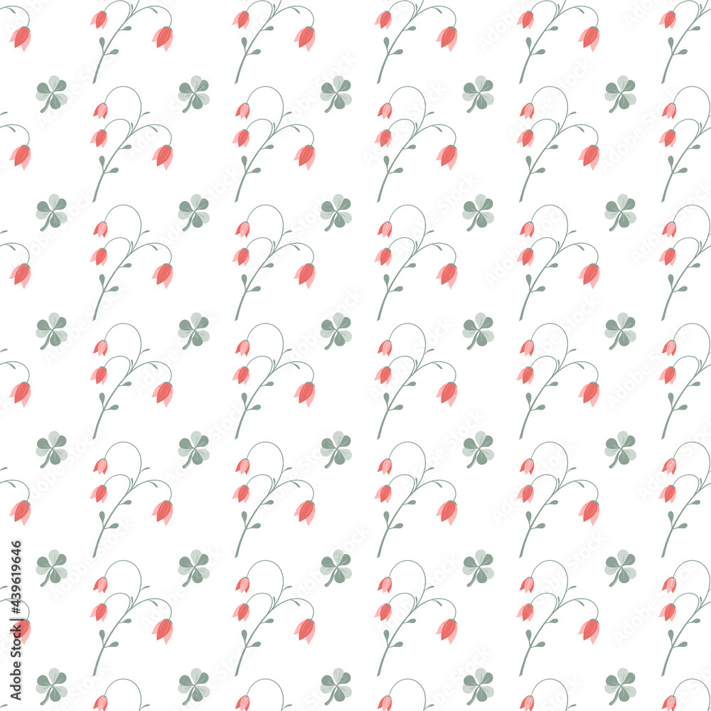 Summer floral seamless pattern with red and green flowers, twigs, leaves, isolated on white background.