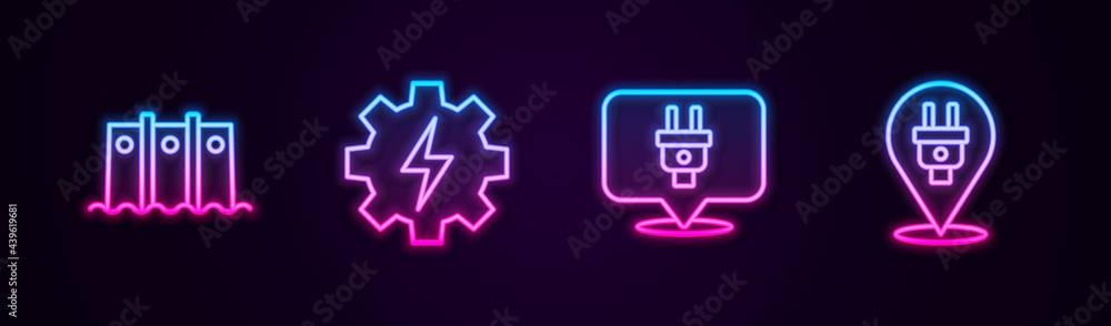 Set line Hydroelectric dam, Gear and lightning, Electric plug and . Glowing neon icon. Vector