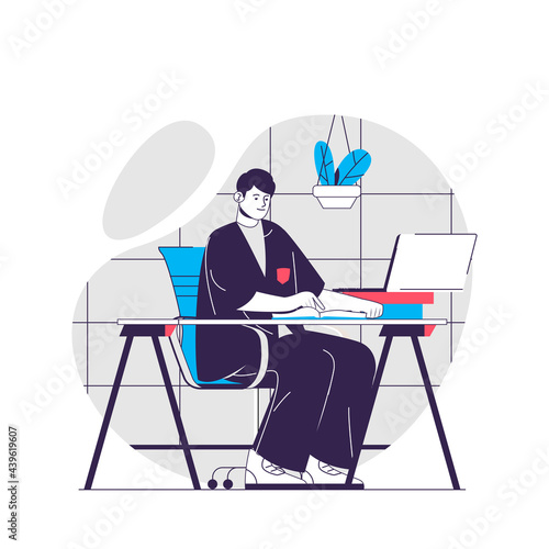 School web concept. Student sits at desk, studies at computer, does homework. Education people scene. Flat characters design for website. Vector illustration for social media promotional materials