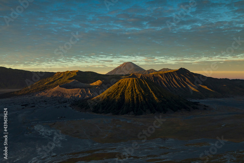Bromo active volcano landscape at sunrise, behind the Tengger massif, seen from the King Kong Hill viewpoint in East Java, Indonesia