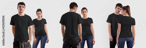 Mockup of a black women's, men's T-shirt on a girl, a guy in jeans, isolated on background. Set