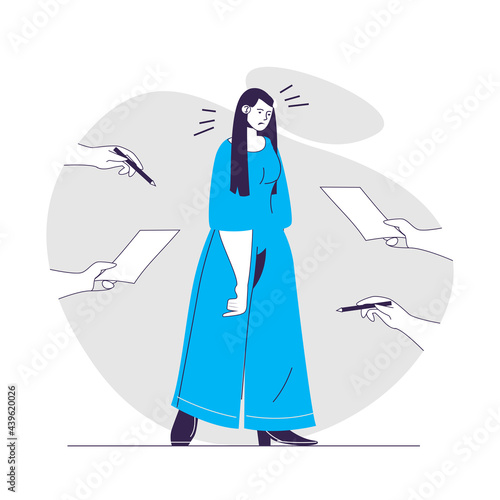 Stress emotion web concept. Tired woman overworked at office. Expression negative feelings people scene. Flat characters design for website. Vector illustration for social media promotional materials