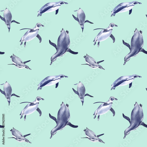 Seamless pattern with realistic pinwins on a sea green background. Watercolor illustration