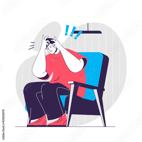 Stress emotion web concept. Unhappy man sitting holding head. Expression negative feelings people scene. Flat characters design for website. Vector illustration for social media promotional materials
