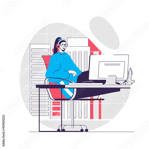 Support center web concept. Woman helps and consults callers to the hotline. Call center people scene. Flat characters design for website. Vector illustration for social media promotional materials