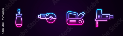 Set line Screwdriver, Angle grinder, Electric planer tool and jigsaw. Glowing neon icon. Vector