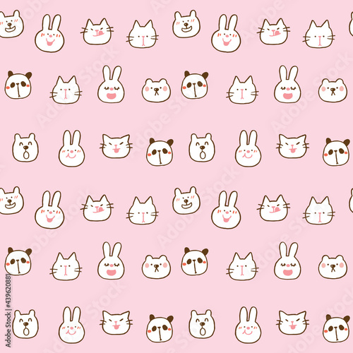 Fototapeta Naklejka Na Ścianę i Meble -  Seamless Pattern with Cute Cartoon Animal Face Design on Pink Background