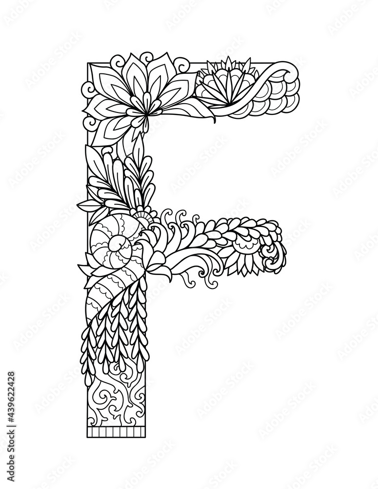 Obraz premium Mandala letter F monogram, adult coloring book, engraving design. Vector illustration.