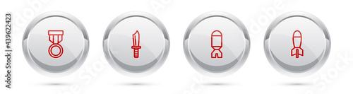 Set line Military reward medal, knife, Rocket launcher and . Silver circle button. Vector