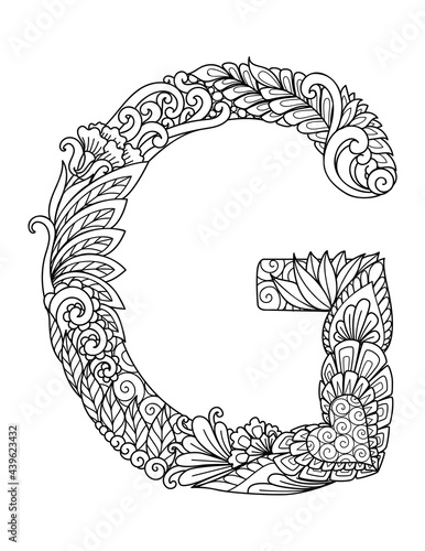 Mandala letter G monogram, adult coloring book, engraving design. Vector illustration.