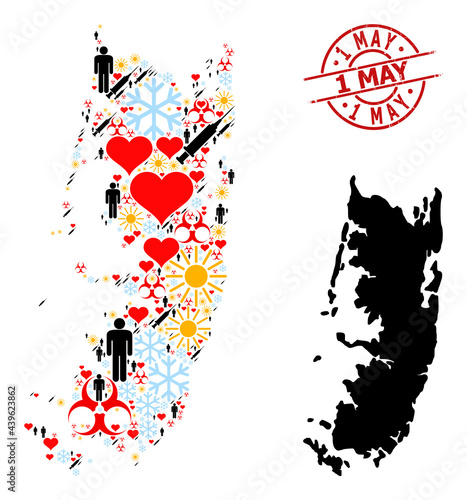 Textured 1 May badge, and heart men syringe collage map of Pemba island. Red round badge has 1 May caption inside circle. Map of Pemba island collage is constructed from winter, weather, heart, photo