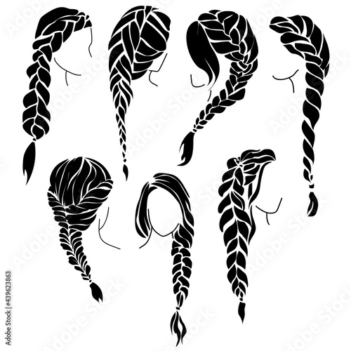 Set of braids silhouettes, beautiful female hairstyle with braiding photo