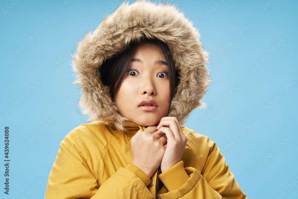 woman in winter clothes hooded cool winter clothes studio woman in winter clothes hooded cool winter clothes studio