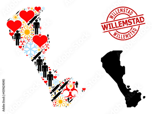 Scratched Willemstad stamp seal, and winter demographics Covid-2019 treatment mosaic map of Boracay Island. Red round stamp has Willemstad caption inside circle.