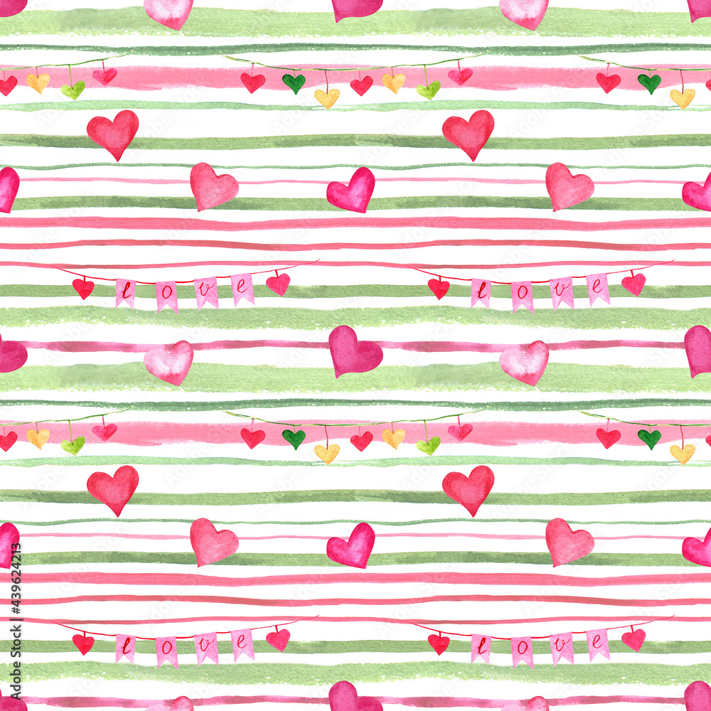 Seamless valentine's day pattern with hearts and horizontal stripes on a white background. Watercolor illustration