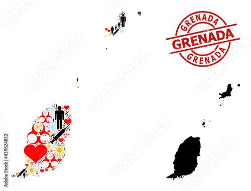Scratched Grenada stamp  and heart humans Covid-2019 treatment mosaic map of Grenada Islands. Red round seal has Grenada title inside circle. Map of Grenada Islands mosaic is created with snow 