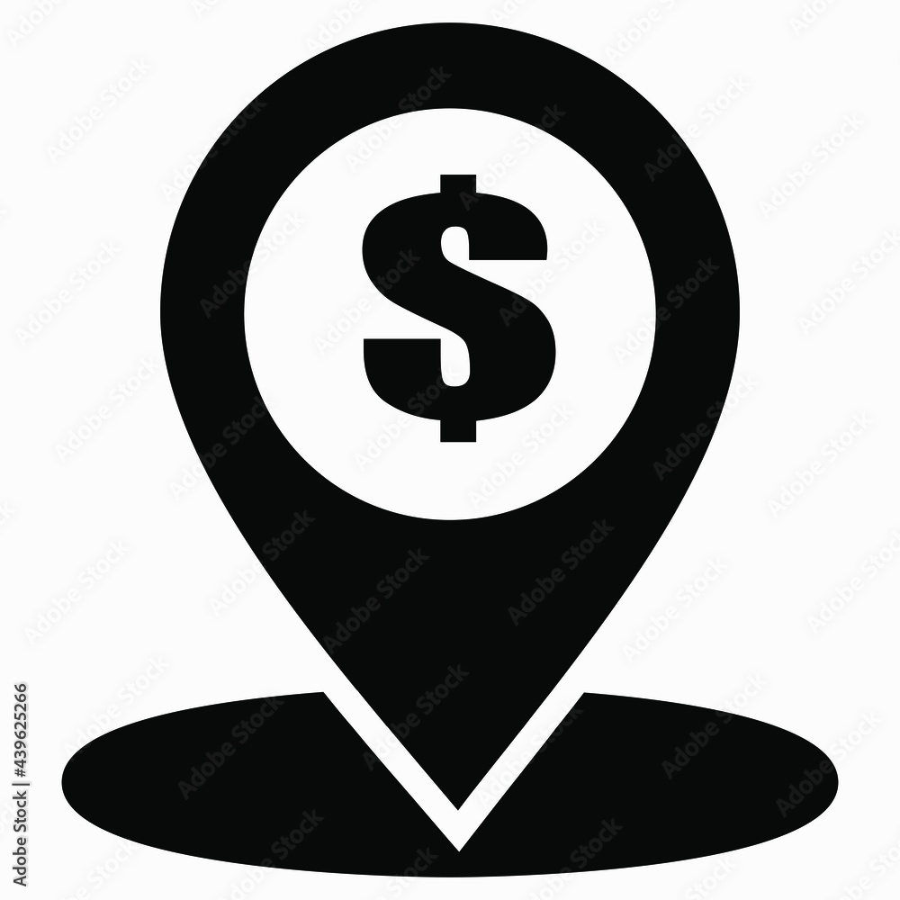Place of settlement in dollars. GPS sales in dollars. Exchange office for dollars. Vector icon. Place of settlement in dollars. GPS sales in dollars. Exchange office for dollars. Vector icon.