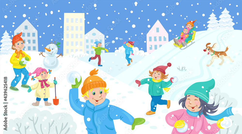 Winter fun. Happy children play snowballs, sledding, make a snowman in the winter city. Banner in cartoon style. Vector flat illustration