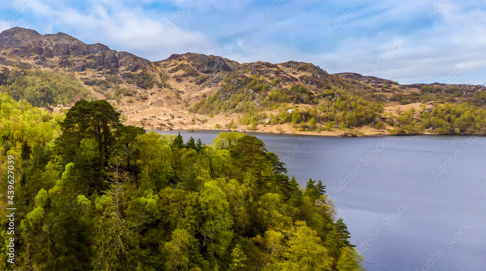 An aerial view towards the southern shore of Loch Katrine in the Scottish Highlands on a summers day
