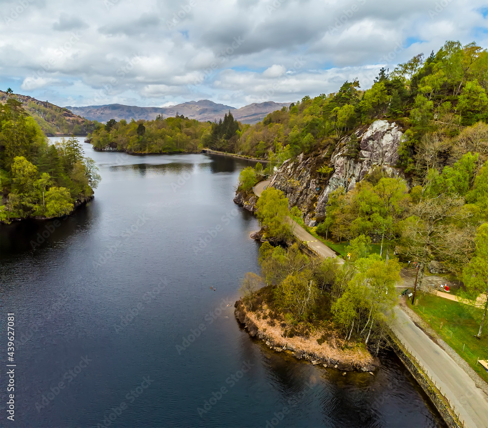 An aerial view across the eastern end of Loch Katrine in the Scottish Highlands on a summers day